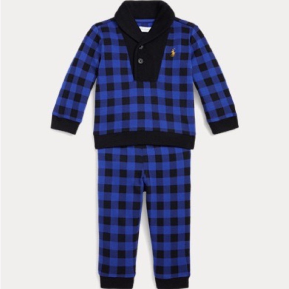 New Ralph Lauren Classic Blue Check Interlock Two Piece Baby Boys Set